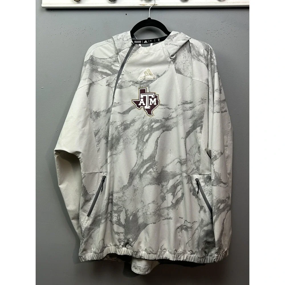 Adidas Windbreaker Mens Large Grey Texas A&M Aggies Marble Camo Side Zip Hoodie